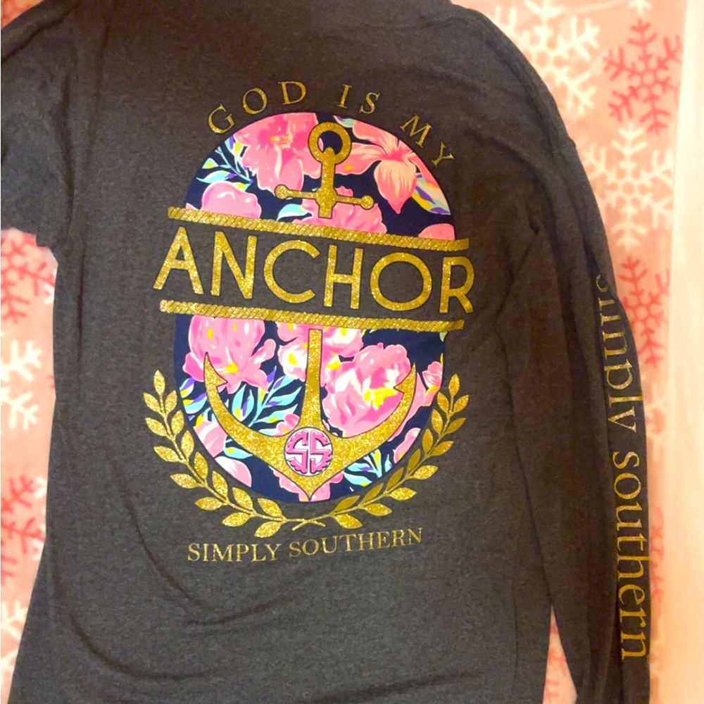 Simply Southern Charcoal Shirt with Gold and Pink Anchor